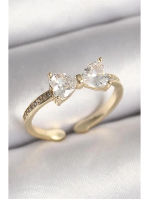 Pirinç Gold Renk Zirkon Taşlı Kalp Fiyonk Model Kadın Yüzük