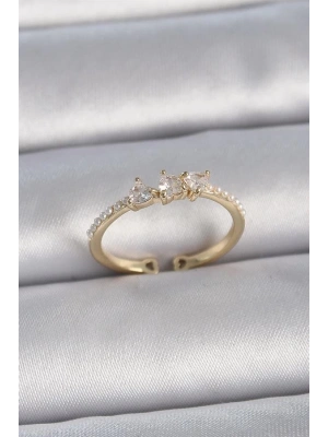 Pirinç Gold Renk Zirkon Taşlı Kalp İnci Detaylı Ayarlanabilir Model Kadın Yüzük