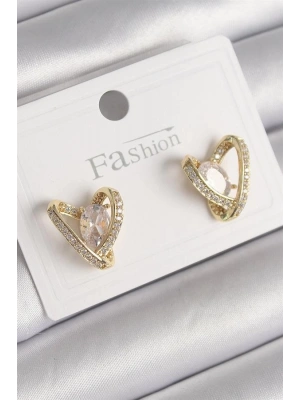 Pirinç Gold Renk Zirkon Taşlı Kalp Model Kadın Küpe