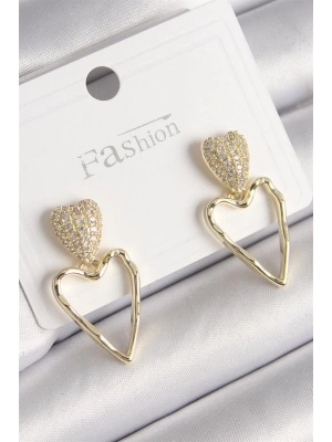 Pirinç Gold Renk Zirkon Taşlı Kalp Model Kadın Küpe