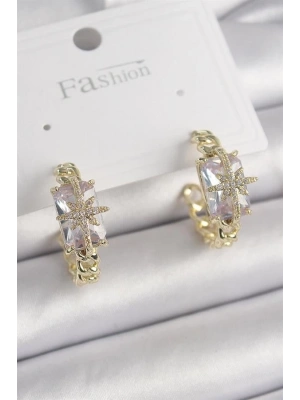 Pirinç Gold Renk Zirkon Taşlı Kutup Yıldızı İşlemeli Kadın Küpe