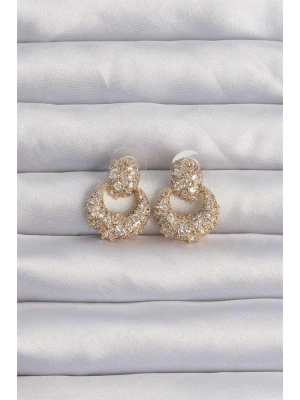 Pirinç Gold Renk Zirkon Taşlı Oval Form Küpe