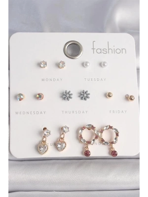 Pirinç Gold Renk Zirkon Taşlı Sallantı Kalp Çiçek Figür 7 Çift Kadın Küpe Seti