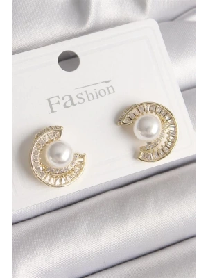 Pirinç Gold Renk Zirkon Taşlı Salyangoz Model İnci Detay Kadın Küpe