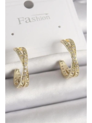 Pirinç Gold Renk Zirkon Taşlı Sarmal Halka Model Kadın Küpe