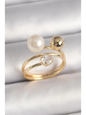 Pirinç Gold Renk Zirkon Taşlı Top İnci Model Kadın Yüzük