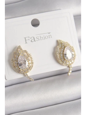 Pirinç Gold Renk Zirkon Taşlı Yaprak Model Kadın Küpe