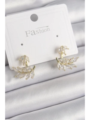 Pirinç Gold Renk Zirkon Taşlı Yaprak Model Kadın Küpe