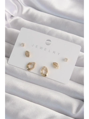 Pirinç Gold Renk Zirkon Taşlı Yaprak Model Küpe Seti