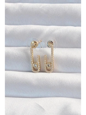 Pirinç Gold Renk Zirkon Taşlı Yarım Messika Küpe