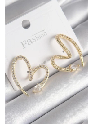 Pirinç Gold Renk Zirkon Taşlı Yılan Kalp Model Kadın Küpe