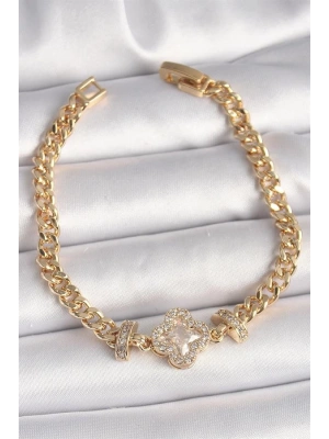Pirinç Gold Renk Zirkon Taşlı Yonca Figür Zincir Model Kadın Bileklik