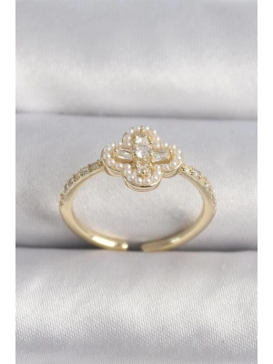 Pirinç Gold Renk Zirkon Taşlı Yonca Model İnci Detay Kadın Yüzük