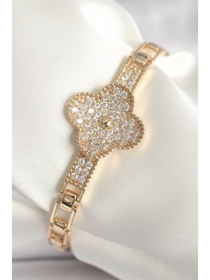 Pirinç Gold Renk Zirkon Taşlı Yonca Model Kadın Bileklik