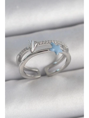 Pirinç Gümüş Renk 2Li Zirkon Taşlı Mavi Yıldız Figür Ayarlanabilir Kadın Yüzük