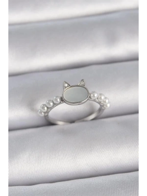 Pirinç Gümüş Renk Ayarlanabilir Beyaz Mineli Kedi Model İnci Detay Kadın Yüzük