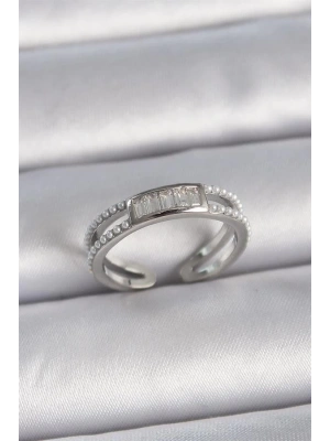 Pirinç Gümüş Renk Ayarlanabilir Sıralı İncili Zirkon Taşlı Kadın Yüzük