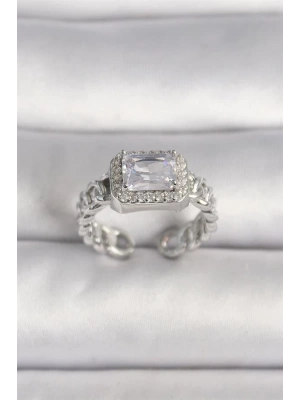 Pirinç Gümüş Renk Ayarlanabilir Zincir Kare Zirkon Taşlı Kadın Yüzük