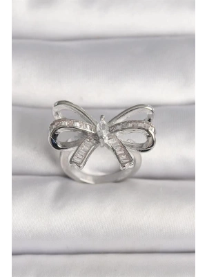 Pirinç Gümüş Renk Ayarlanabilir Zirkon Taşlı Kurdele Model Kadın Yüzük