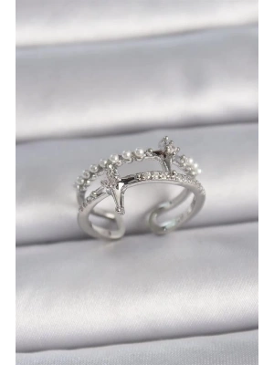 Pirinç Gümüş Renk Ayarlanabilir Zirkon Taşlı Kutup Yıldız İnci Detay Kadın Yüzük