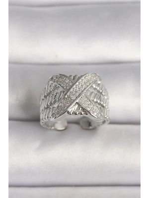 Pirinç Gümüş Renk Ayarlanabilir Zirkon Taşlı X Model Kadın Yüzük