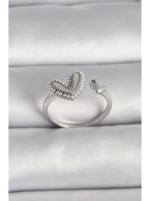 Pirinç Gümüş Renk Beyaz Mineli İnci Detaylı Kalp Model Ayarlanabilir Yüzük