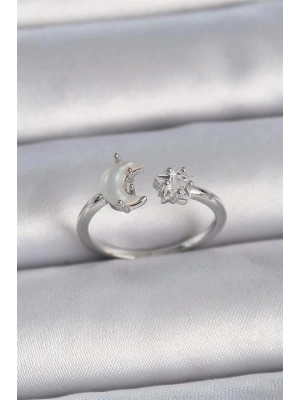 Pirinç Gümüş Renk İncili Hilal Zirkon Taşlı Yıldız Ayarlanabilir Kadın Yüzük