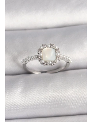 Pirinç Gümüş Renk İncili Kare Beyaz Mineli Ayarlanabilir Kadın Yüzük