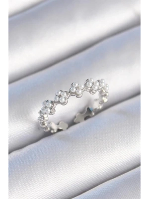 Pirinç Gümüş Renk İncili Yonca Model Kadın Yüzük