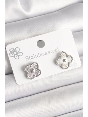 Pirinç Gümüş Renk İşlemeli Yonca Model Kadın Küpe