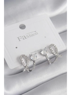 Pirinç Gümüş Renk Kalp Model Zirkon Taşlı Kadın Küpe