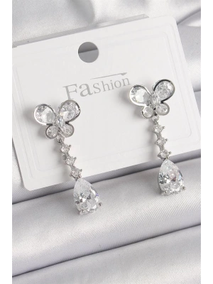 Pirinç Gümüş Renk Kelebek Model Sallantı Damla Zirkon Taşlı Kadın Küpe