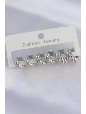 Pirinç Gümüş Renk Minimal Tırtıklı Küpe Seti