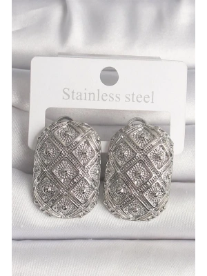 Pirinç Gümüş Renk Motif İşlemeli Kadın Küpe