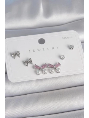 Pirinç Gümüş Renk Pembe Zirkon Taşlı Kurdele Model İnci Detay 925 Ayar Gümüş Çivi Kadın Küpe Seti