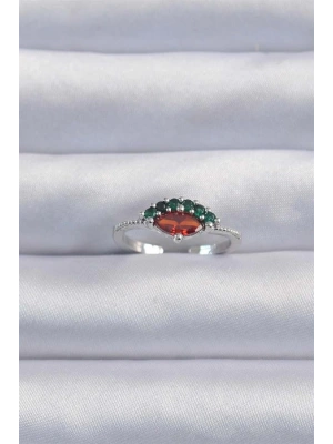 Pirinç Gümüş Renk Renkli Zirkon Taşlı Ayarlanabilir Karpuz Model Yüzük