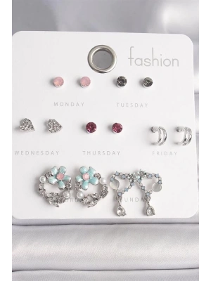 Pirinç Gümüş Renk Renkli Zirkon Taşlı Daire Çiçek Figür Sallantı Kalp Detay 7 Çift Kadın Küpe Seti