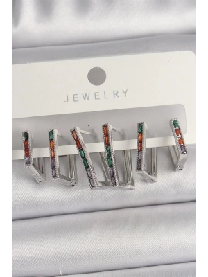 Pirinç Gümüş Renk Renkli Zirkon Taşlı Kare Model Kadın Küpe Seti