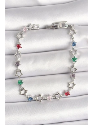 Pirinç Gümüş Renk Renkli Zirkon Taşlı Yıldız Model Kadın Bileklik
