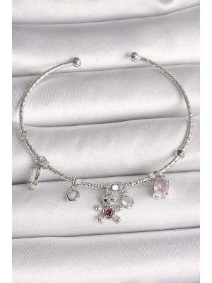 Pirinç Gümüş Renk Sallantı Zirkon Taşlı Ayıcık Figür Kırmızı Taş Detay Charm Kadın Bileklik