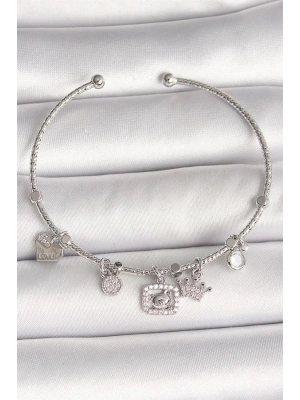 Pirinç Gümüş Renk Sallantı Zirkon Taşlı Ayıcık Figür Taç Detay Charm Kadın Bileklik