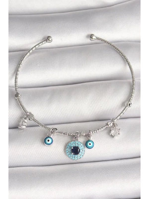 Pirinç Gümüş Renk Sallantı Zirkon Taşlı Nazar Boncuk Figür Charm Kadın Bileklik