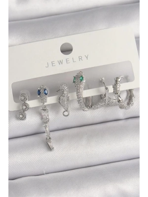 Pirinç Gümüş Renk Sallantı Zirkon Taşlı Yılan Model Kadın Küpe Seti