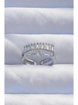 Pirinç Gümüş Renk Sedefli Zirkon Taşlı Su Yolu Model 2li Görünüm Ayarlanabilir Yüzük