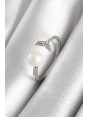 Pirinç Gümüş Renk Top İnci Figür Balık Kuyruğu Model Kadın Yüzük