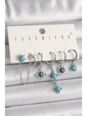 Pirinç Gümüş Renk Zirkon Taş Detaylı Mavi Boncuklu Çiçek Model VIP Seri Kadın Küpe Kombini