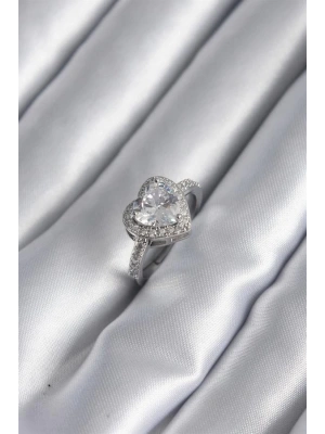 Pirinç Gümüş Renk Zirkon Taş Kalp Charm Model Kadın Yüzük