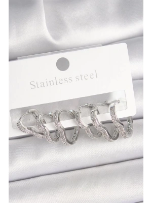 Pirinç Gümüş Renk Zirkon Taşlı 3 Çift Kalp Model Kadın Küpe