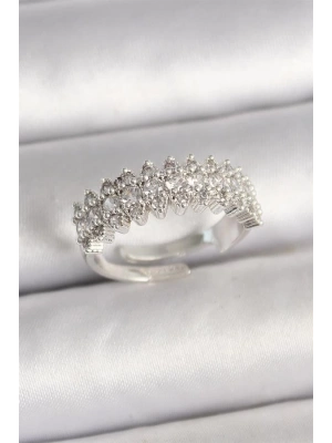 Pirinç Gümüş Renk Zirkon Taşlı Ayarlanabilir Kadın Yüzük