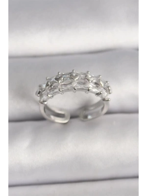 Pirinç Gümüş Renk Zirkon Taşlı Ayarlanabilir Yüzük